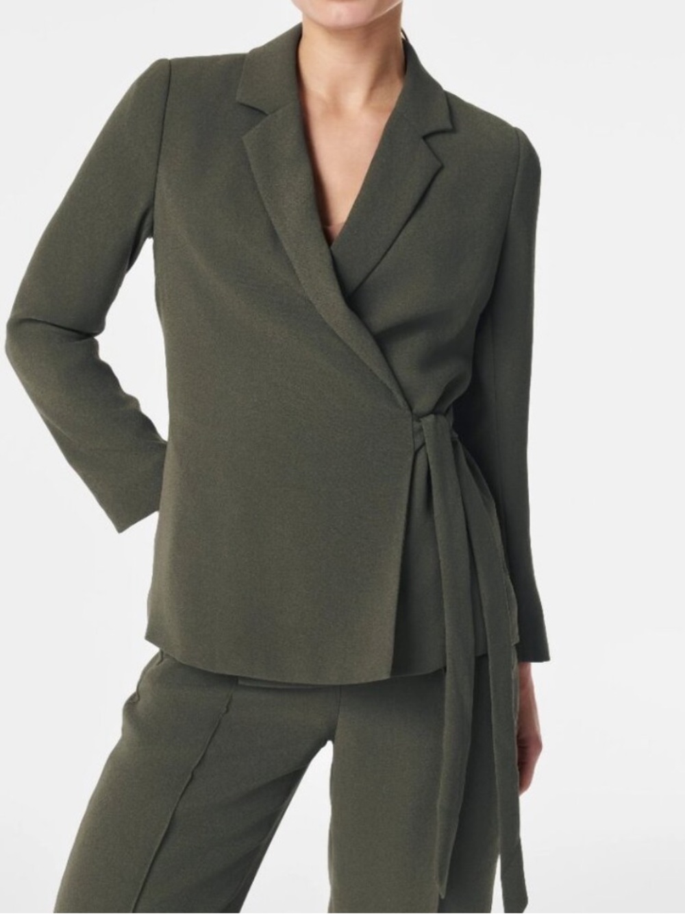 SPANX Blazer Womens Small Olive Green Crepe Wrap Notch Lapel Long Sleeve
